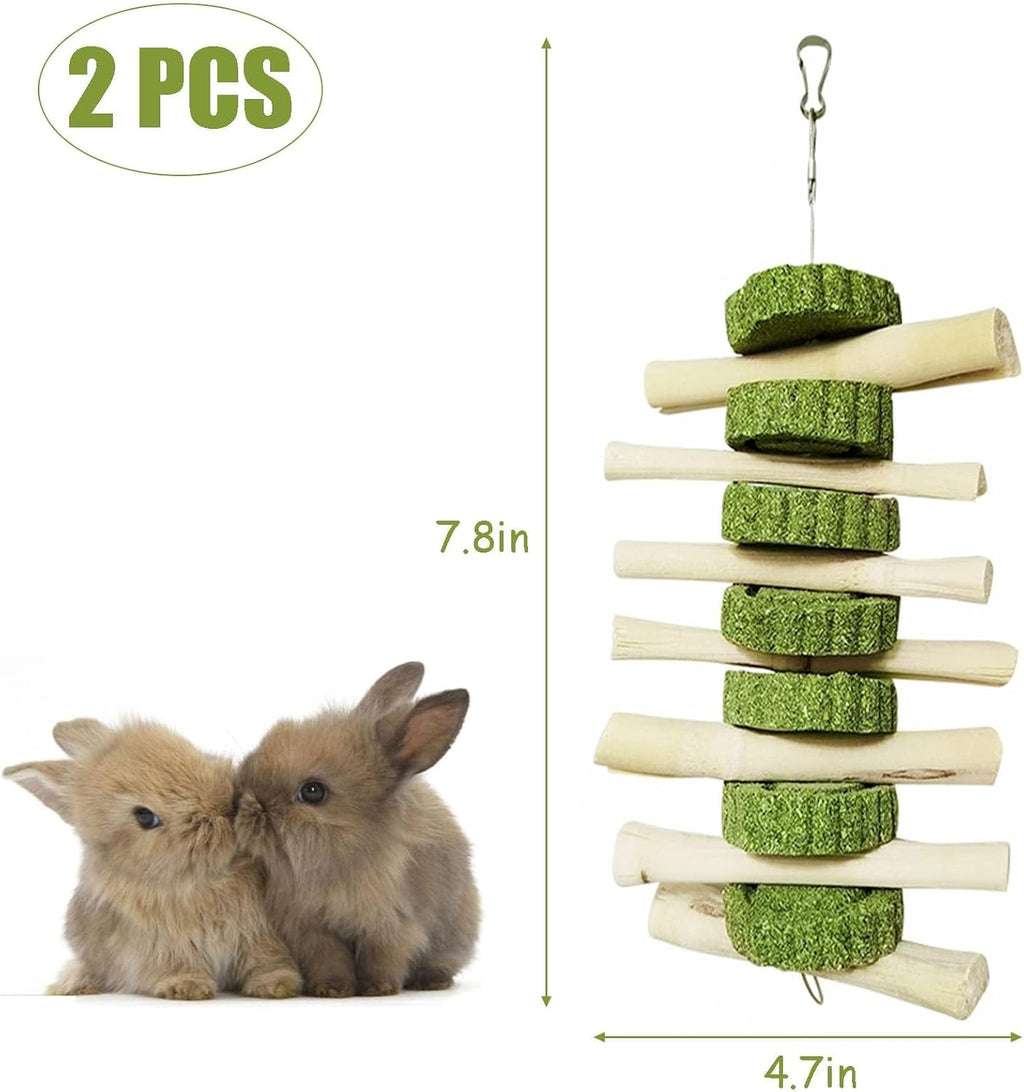 2 PCS Bunny Chew Toys for Teeth Natural Rabbit Toys Hanging Sweet Bamboo Chews with Grass Cake Guinea Pig Toys Snack