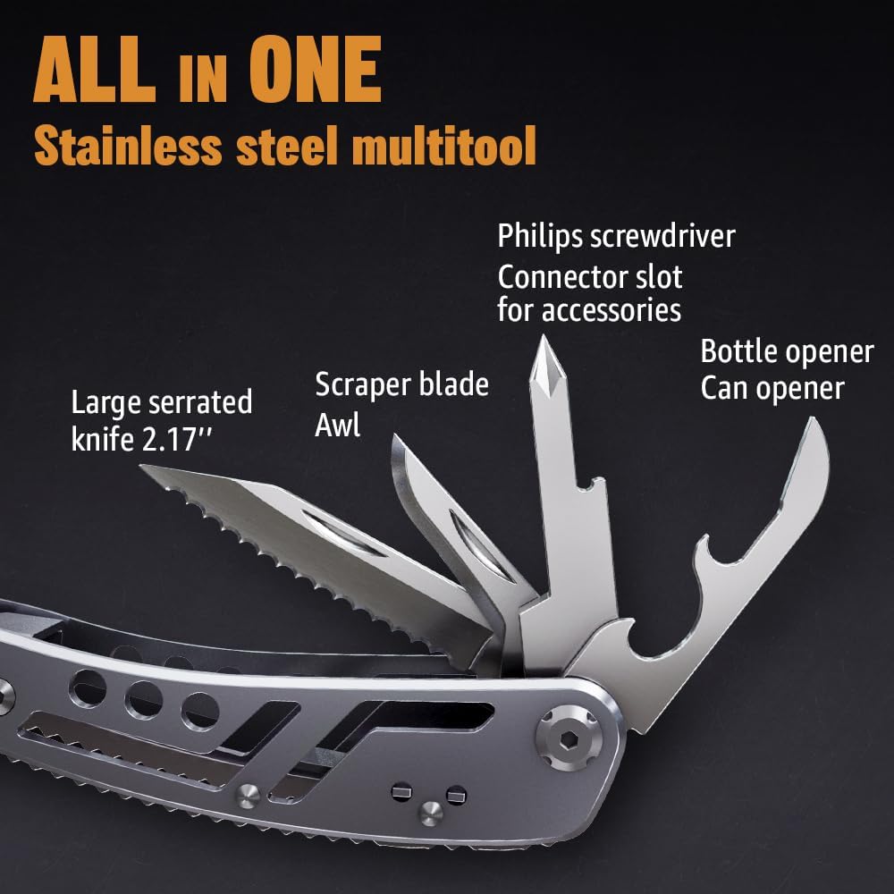 24-in-1 Multitool with Knife, Pliers & 11 Bits Sharp Stainless Steel - Multi Tool for Men - Ideal Gear with Tools for