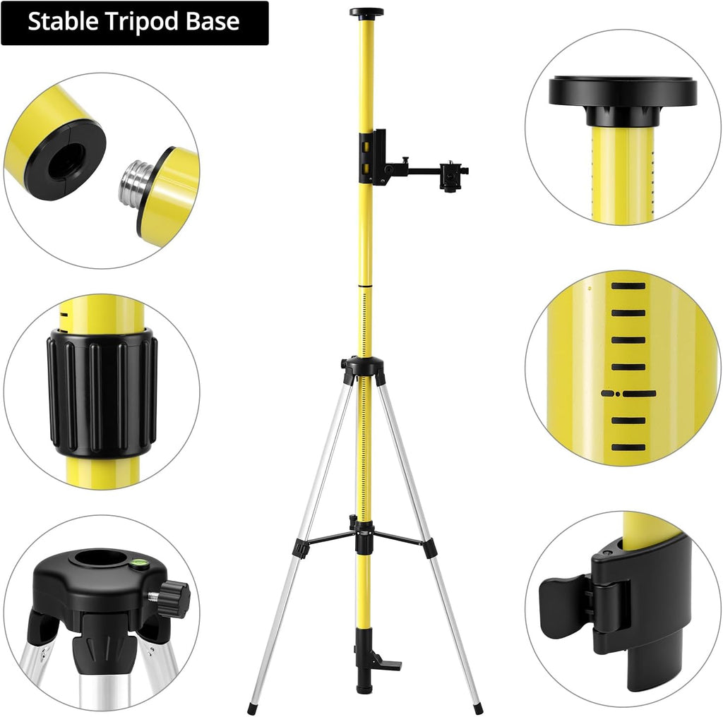 Laser Level Pole, 12 Ft./3.7M Adjustable Telescoping Laser Pole with Tripod, 1/4-Inch by 20-Inch Mount, Includes