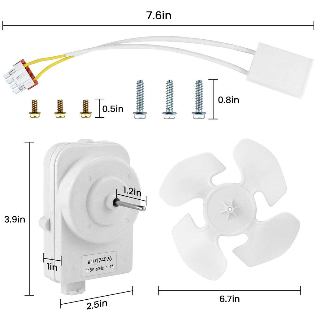 W10124096 Refrigerator Condenser Fan Motor Kit, Motor Blade and Screws
