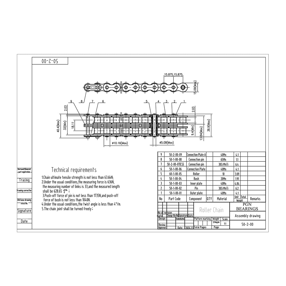 PGN #50-2 Duplex Double Strand Roller Chain x 10 feet + 2 Connecting Links