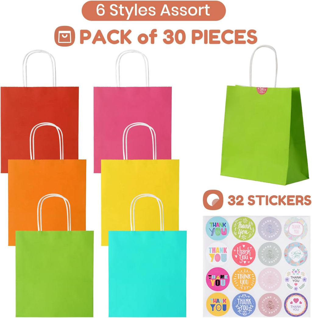Small Paper Gift Bags with Handles, 6 Colors, 30 Pack