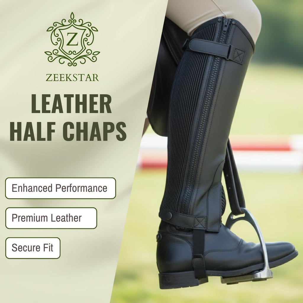 Leather Half Chaps for Horse Riding – Durable Equestrian Gaiters with Zipper & Elastic Panel