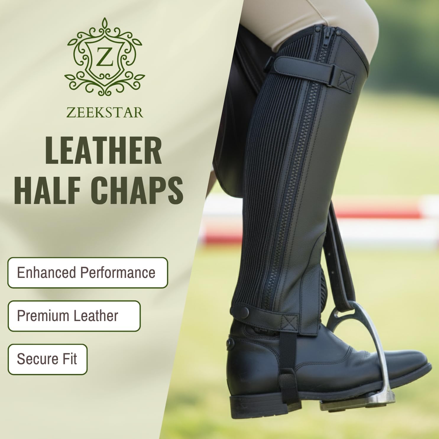 Leather Half Chaps for Horse Riding – Durable Equestrian Gaiters with Zipper & Elastic Panel