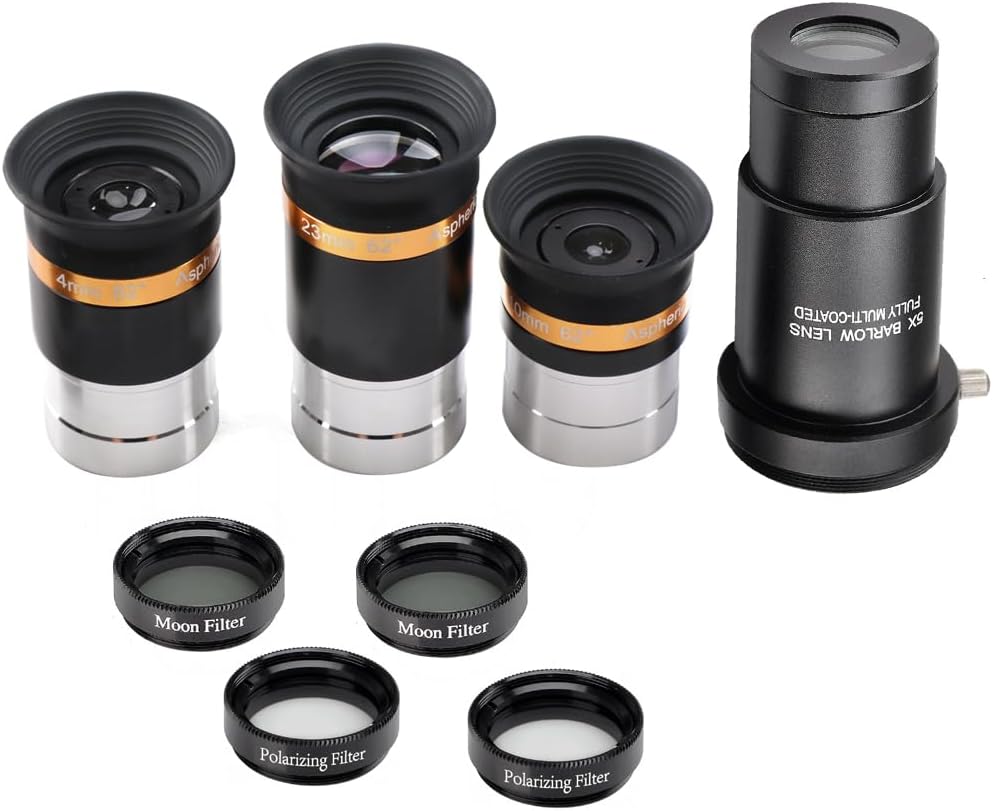 62° Aspheric Eyepiece Set, 1.25-Inch, 5X Barlow & Filters | Multi-focal eyepiece kit; fully multi-coated optics