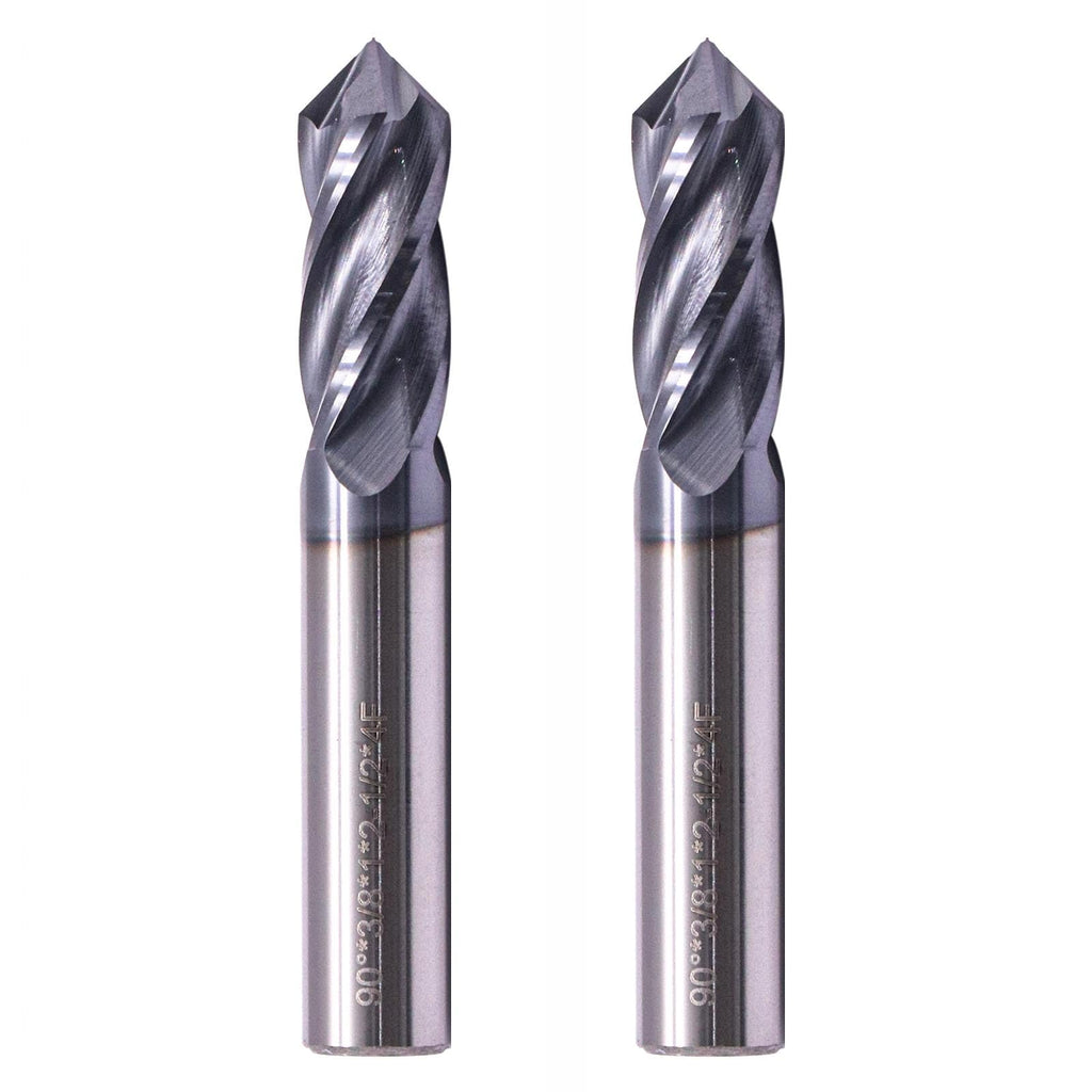 2Pcs 3/8" 4 Flute 90 Degree Solid Carbide Drill Mill - AlTiN Coated