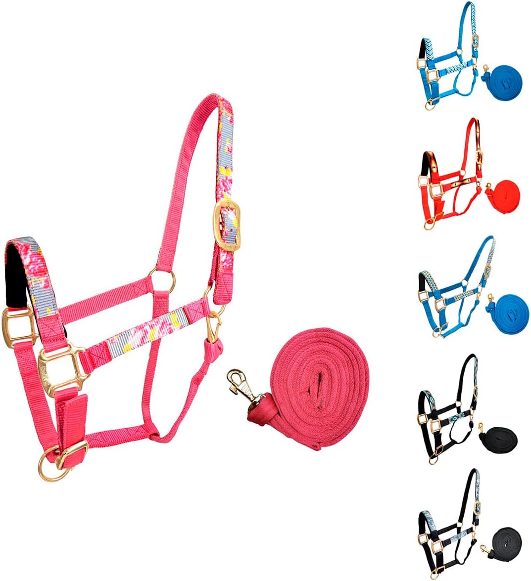 Patterned Nylon Adjustable Horse Halters with Padded Noseband and Matching 10’ Soft Grip Lead Rope with one Year
