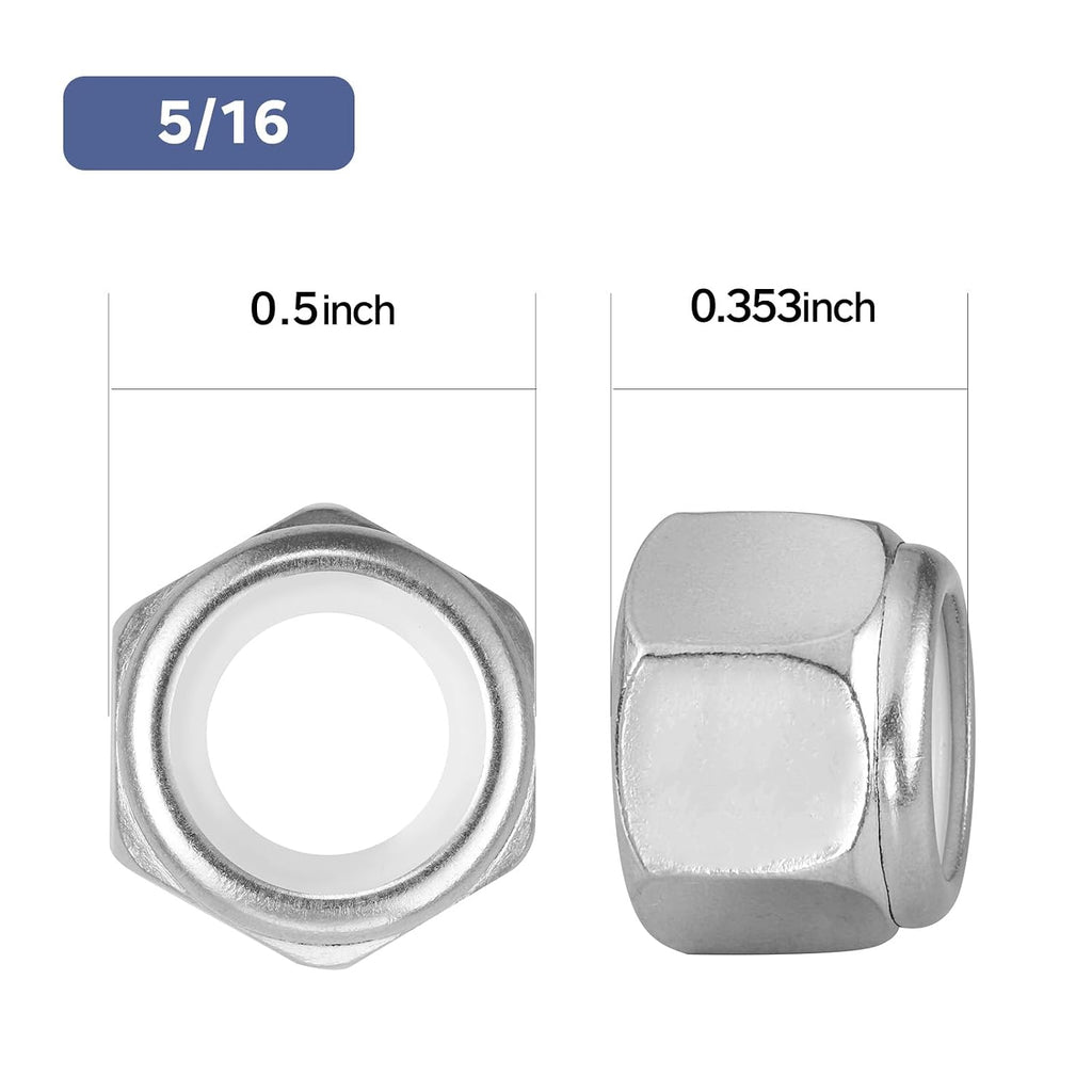50Pcs 5/16-18 Lock Nuts, Nylon Insert Locknuts 304 Stainless Steel 18-8 SS Self-Locking Nuts, Coarse Thread Hex Nylock Nut