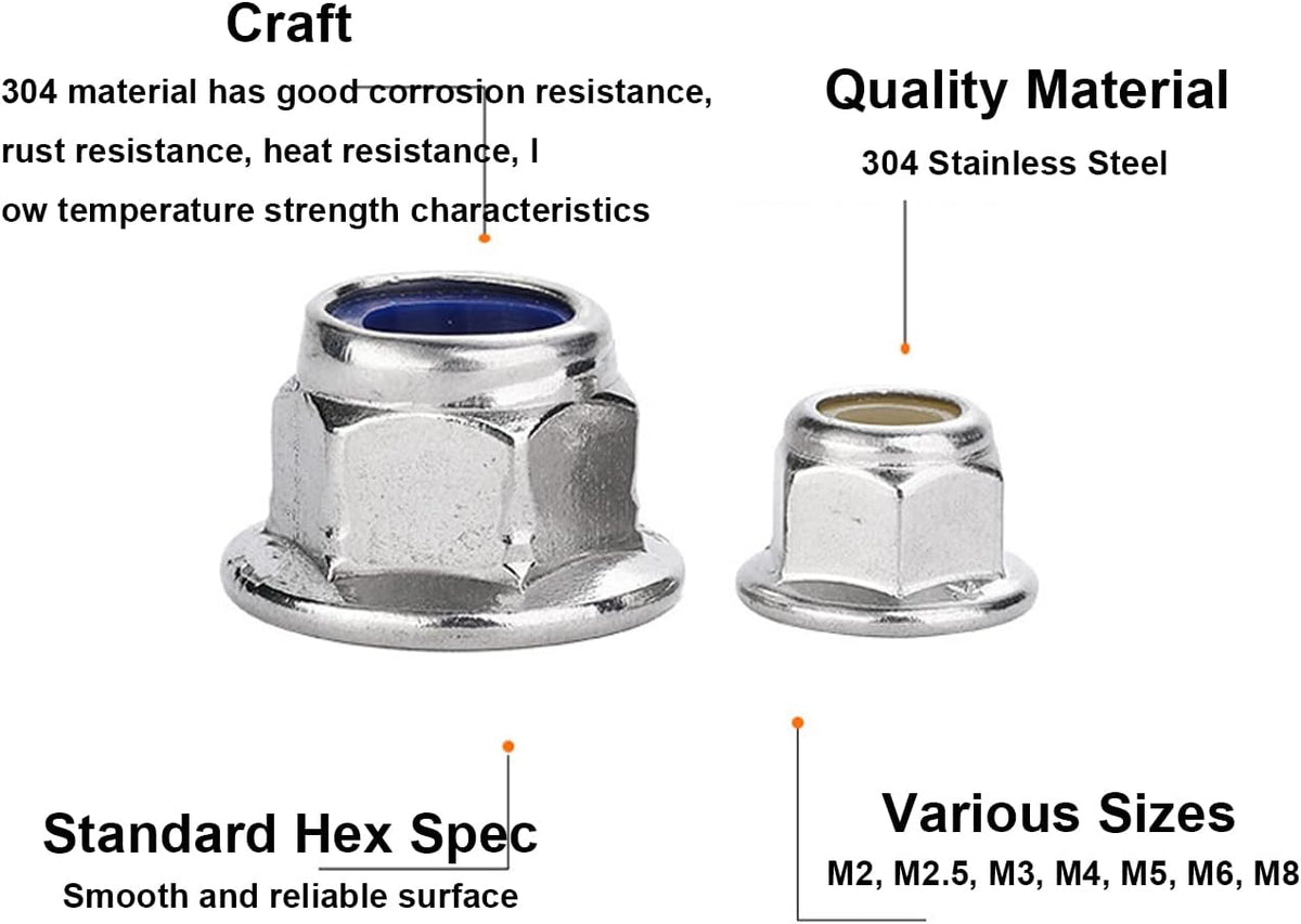 cSeao 50pcs M3 x 0.5mm Flanged Nylon Inserted Lock Nuts 304 Stainless Steel A2-70