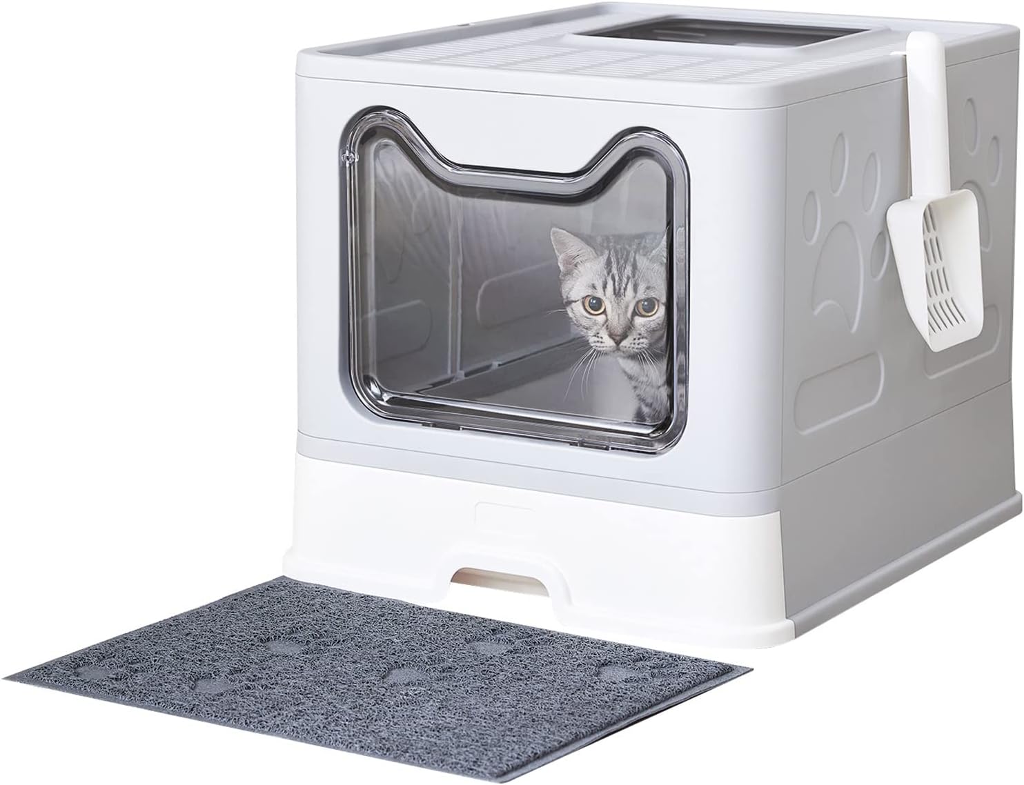 Cat Litter Box with Litter Mat and Scoop, Large Covered Litter Box with Lid, Enclosed Kitty Box, Front Entry Top
