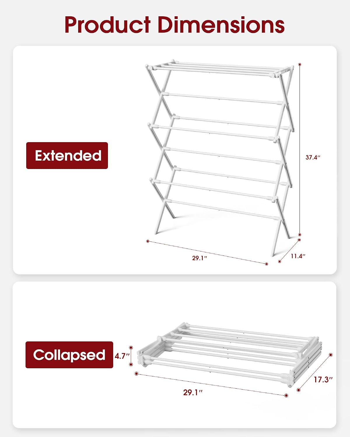 Foldable 3-Tier Clothes Drying Rack 37.4" H with Non-Slip Feet | Indoor & Outdoor Use, Space Saving, Metal Frame