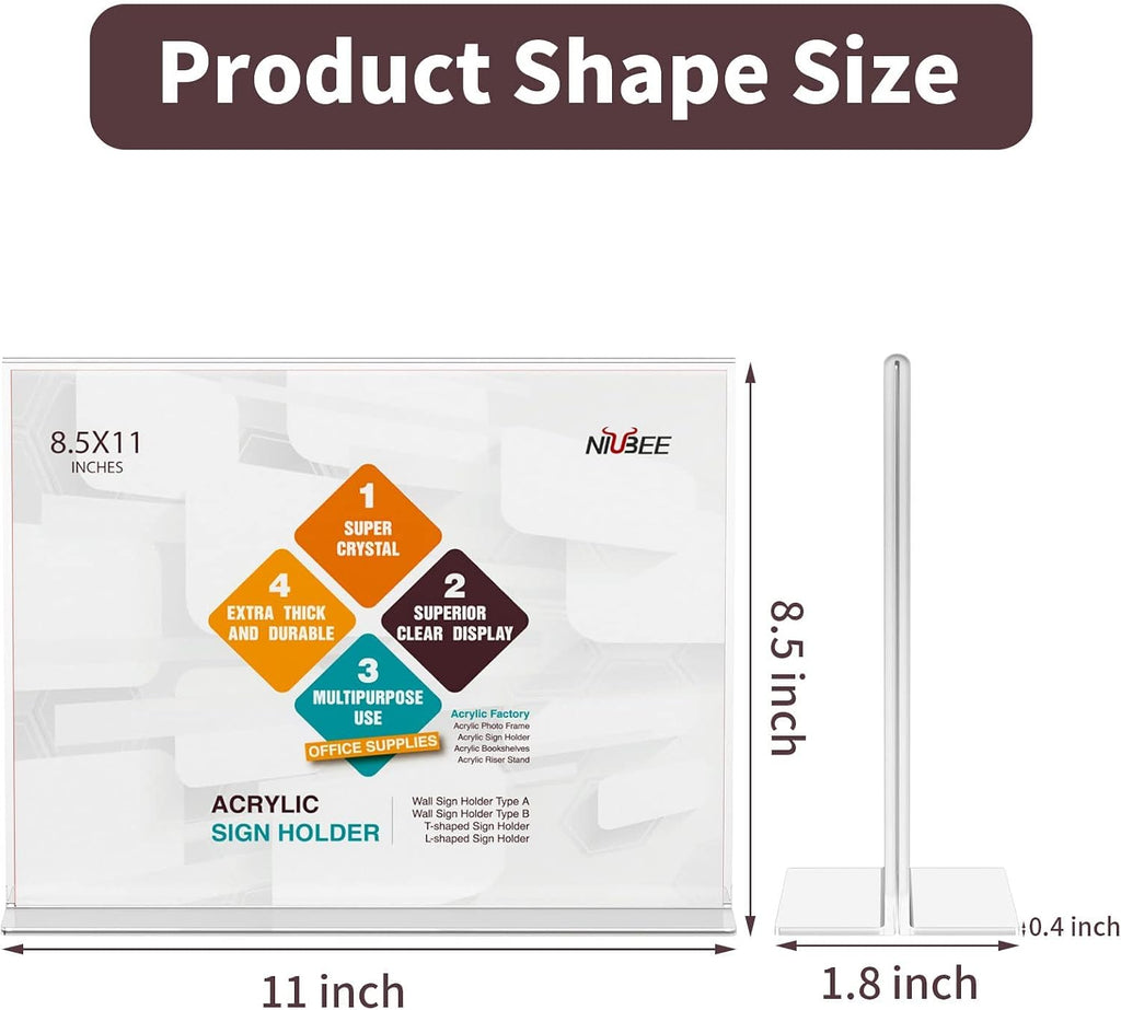 Acrylic Sign Holder 8.5 x 11 Horizontal T-Shape Flyer Stand 3 Pack | Double Sided Clear Frame, Landscape Display