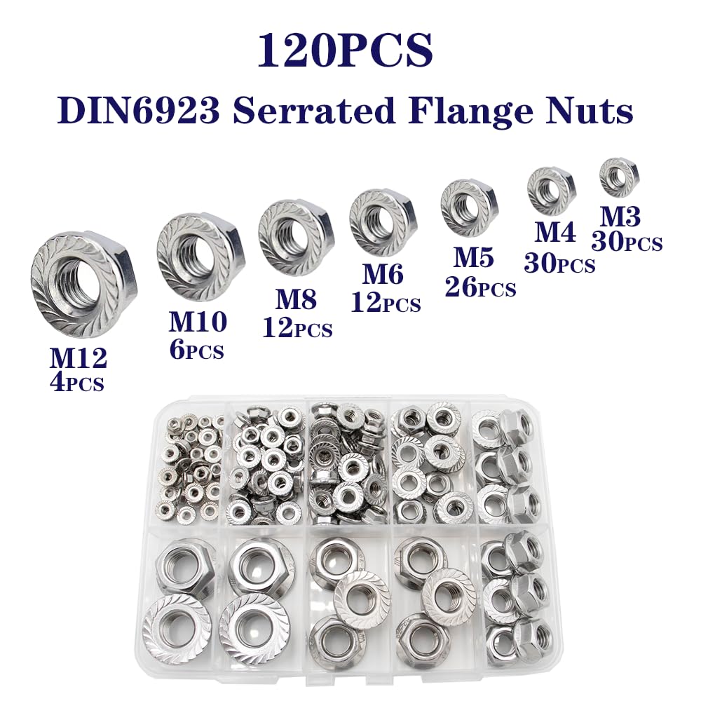 Flange Nut Kit 120 pcs M3 M4 M5 M6 M8 M10 M12 Hex Lock Nuts