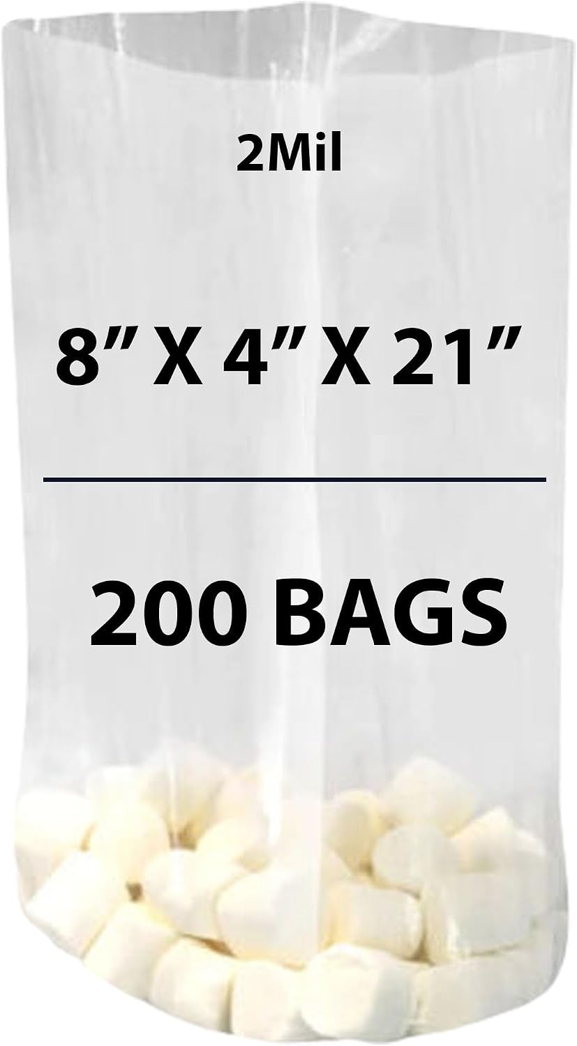 Clear Gusseted Bags, 2Mil 8" X 4" X 21" & 200 Bags | LDPE Material, For Food Packaging, Storage & Display | Heat