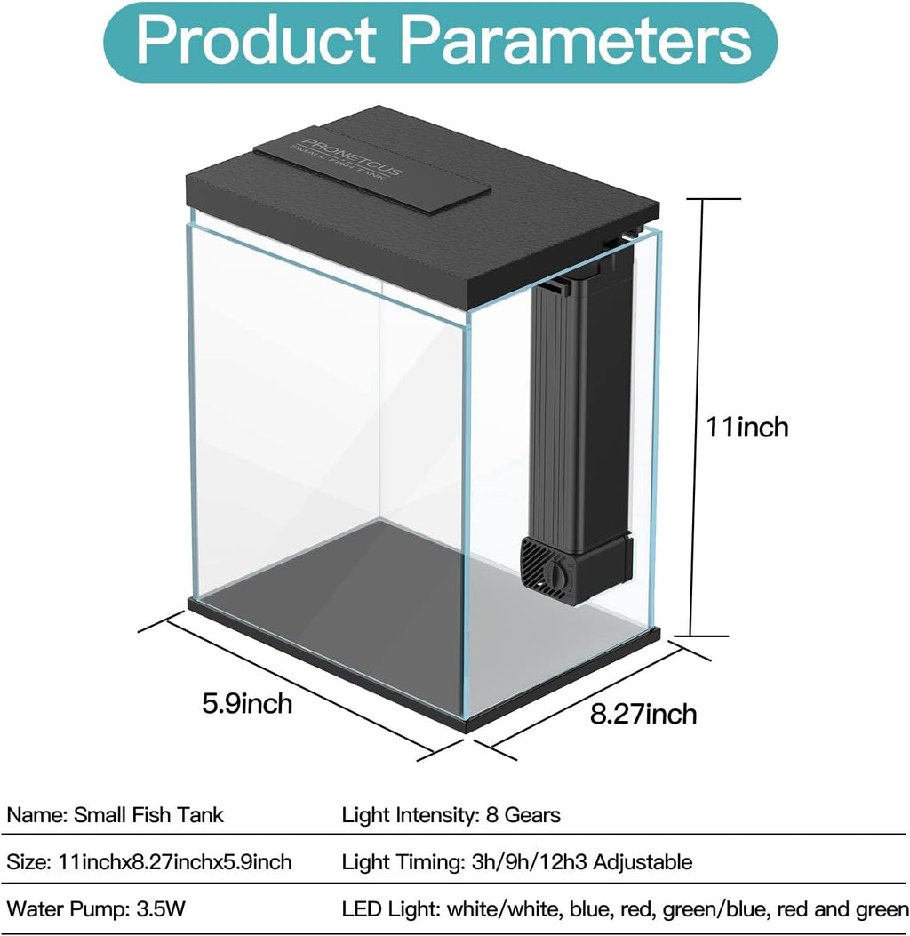 Betta Fish Tank, 2 Gallon Glass Aquarium Starter Kit, Small Fish Tank with Filter and Light.