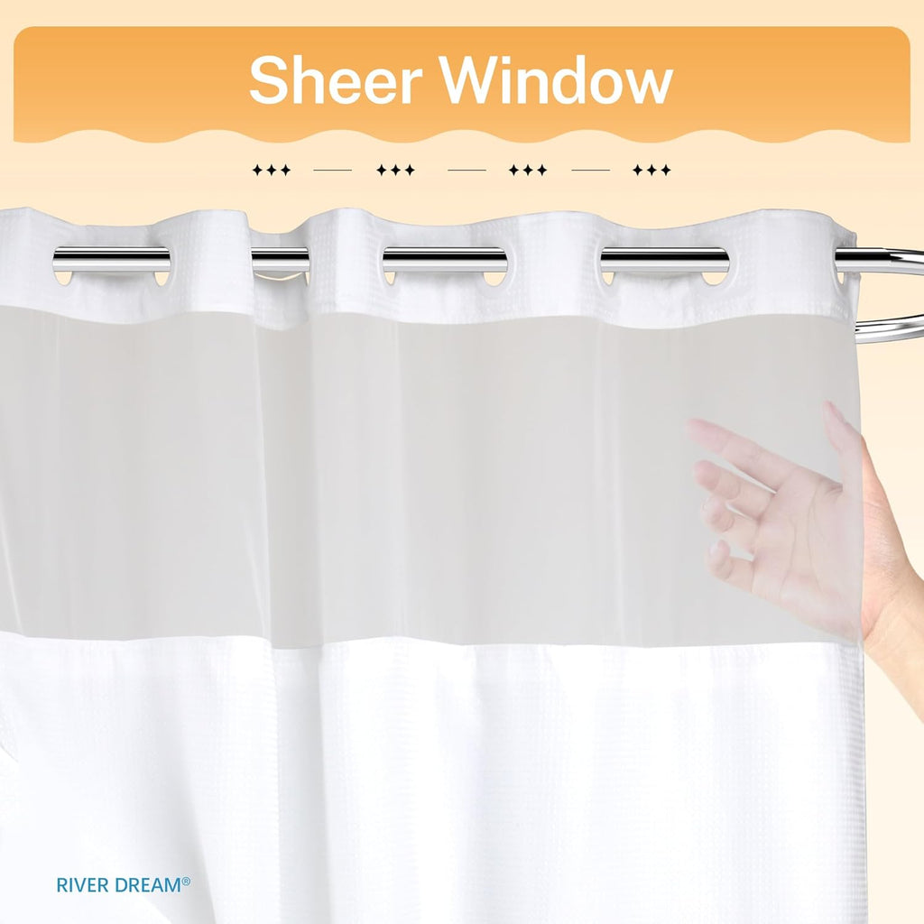 RiverDream Heavyweight Waffle No Hook Shower Curtain with Liner,White,71x74 | Dotted Waffle,Snap-in Liner,Heavy