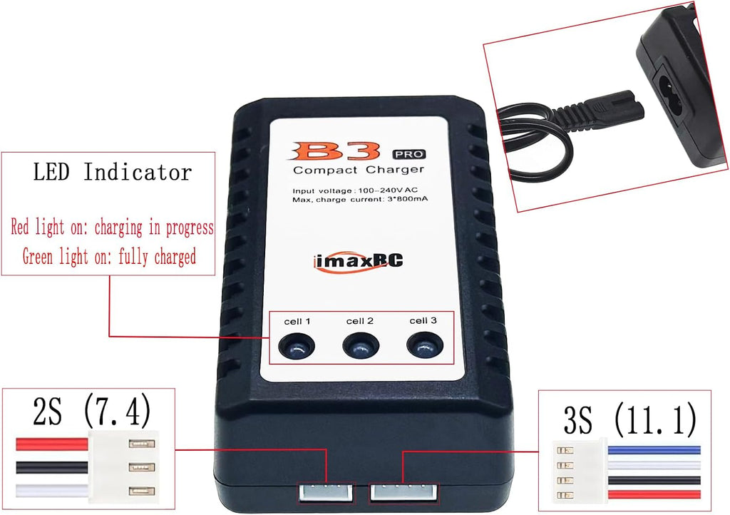 B3 Lipo Battery Charger 2S-3S RC Balance Charger with XH3P XH4P Plug for RC Car Batteries Drone Boat Airplane Truck
