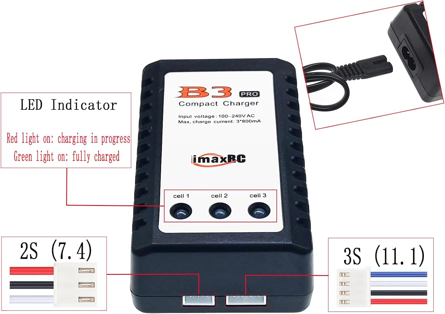 B3 Lipo Battery Charger 2S-3S RC Balance Charger with XH3P XH4P Plug for RC Car Batteries Drone Boat Airplane Truck