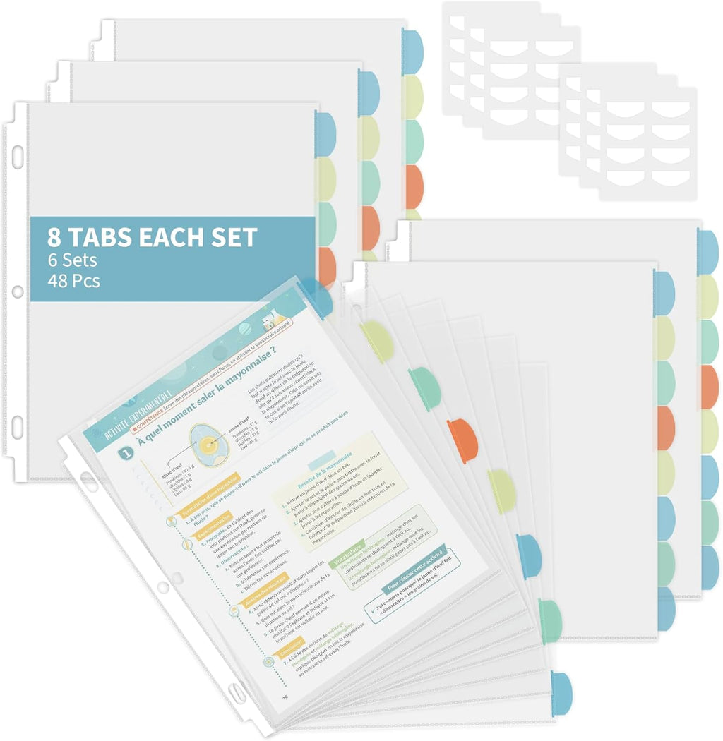 48 Pack Clear Sheet Protectors with 8 Tabs, Letter Size, 6 Sets | Heavy Duty Plastic Dividers for 3 Ring Binder