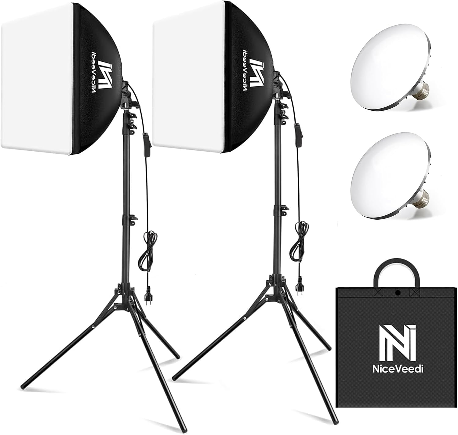 Softbox Lighting Kit, NiceVeedi 2-Pack 16'' x 16'' Softbox Photography Lighting Kit with 63” Tripod Stand & 5400K