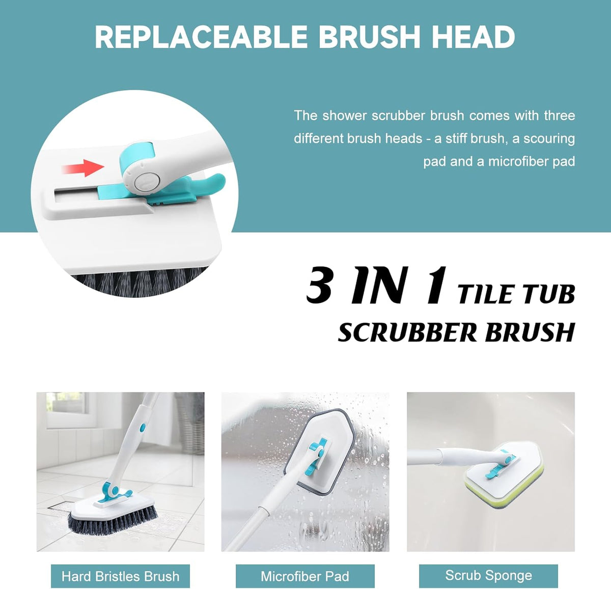 Shower Scrubber with Long Handle, 3 in 1 Tile Tub Scrubber Brush with 3 Detachable Cleaning Heads Adjustable Handle