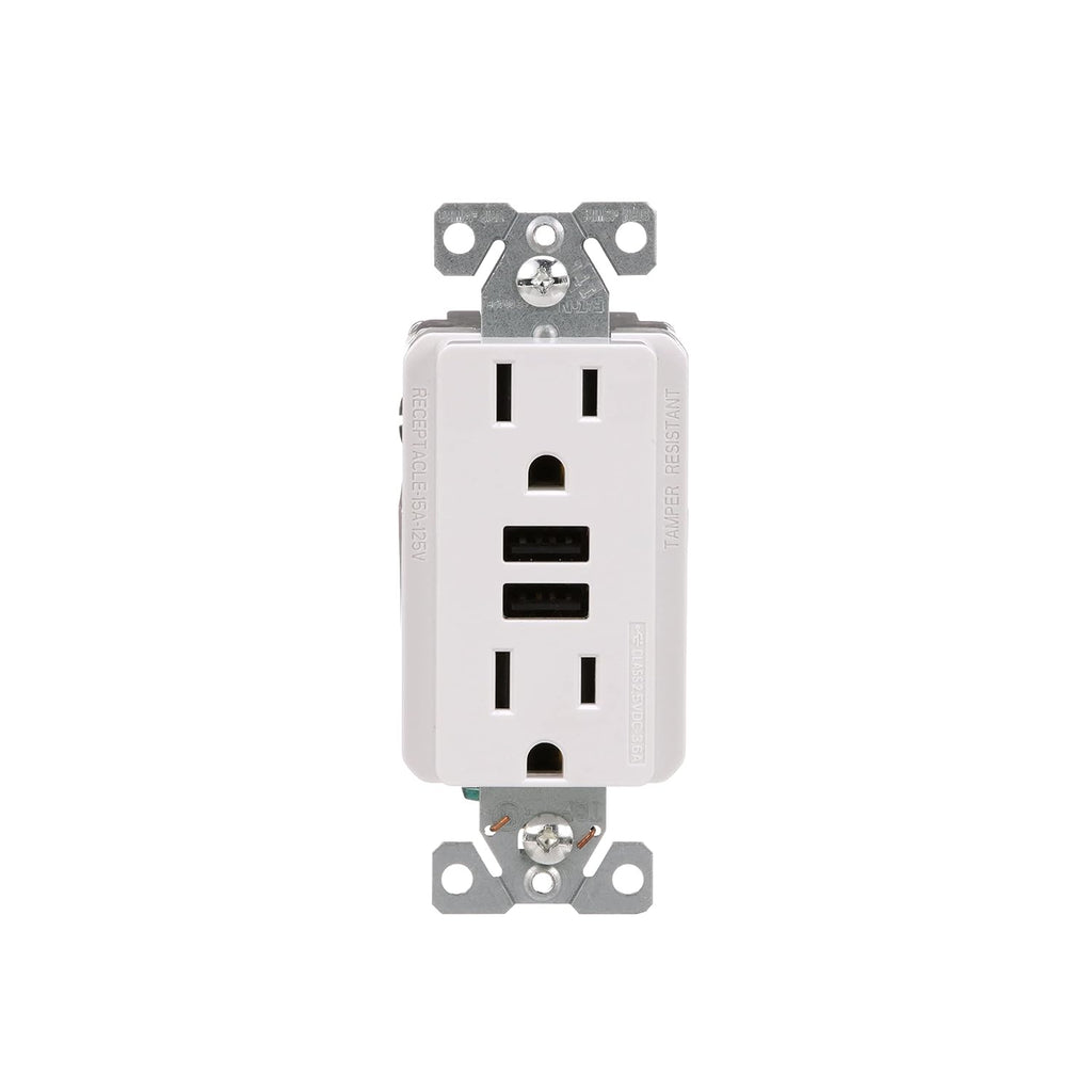 Eaton 3.6A USB Type A Charger with TR Duplex Receptacle 15A/125V Without Wallplate, White