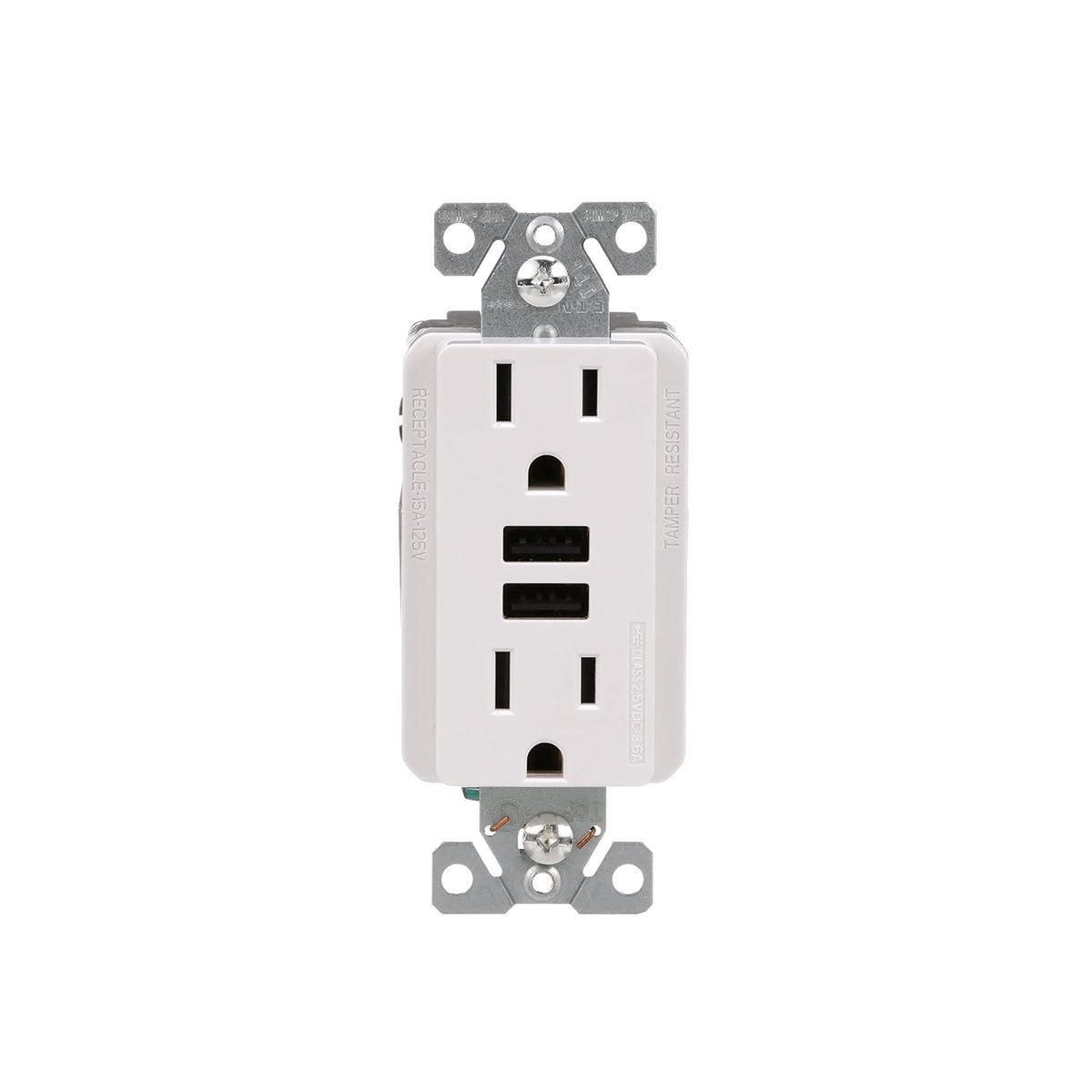 Eaton 3.6A USB Type A Charger with TR Duplex Receptacle 15A/125V Without Wallplate, White