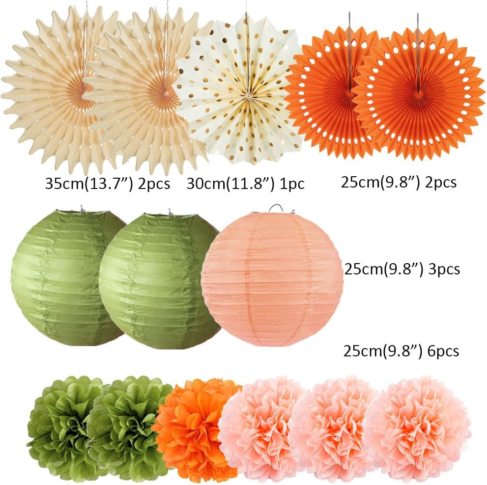 Olive Green and Orange Party Decorations Olive Birthday Party Decorations Peach and Orange Poms Lanterns Beige Fans