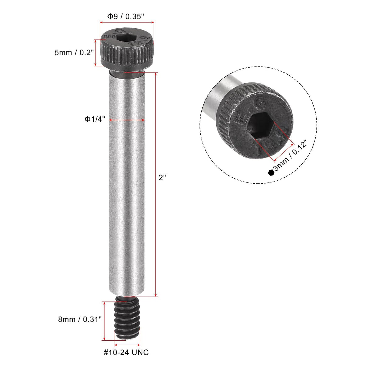 uxcell Alloy Steel Hexagon Socket Head Shoulder Screws Bolts, 2" Shoulder Length, 1/4" Shoulder Dia, #10-24 Thread, 6pcs