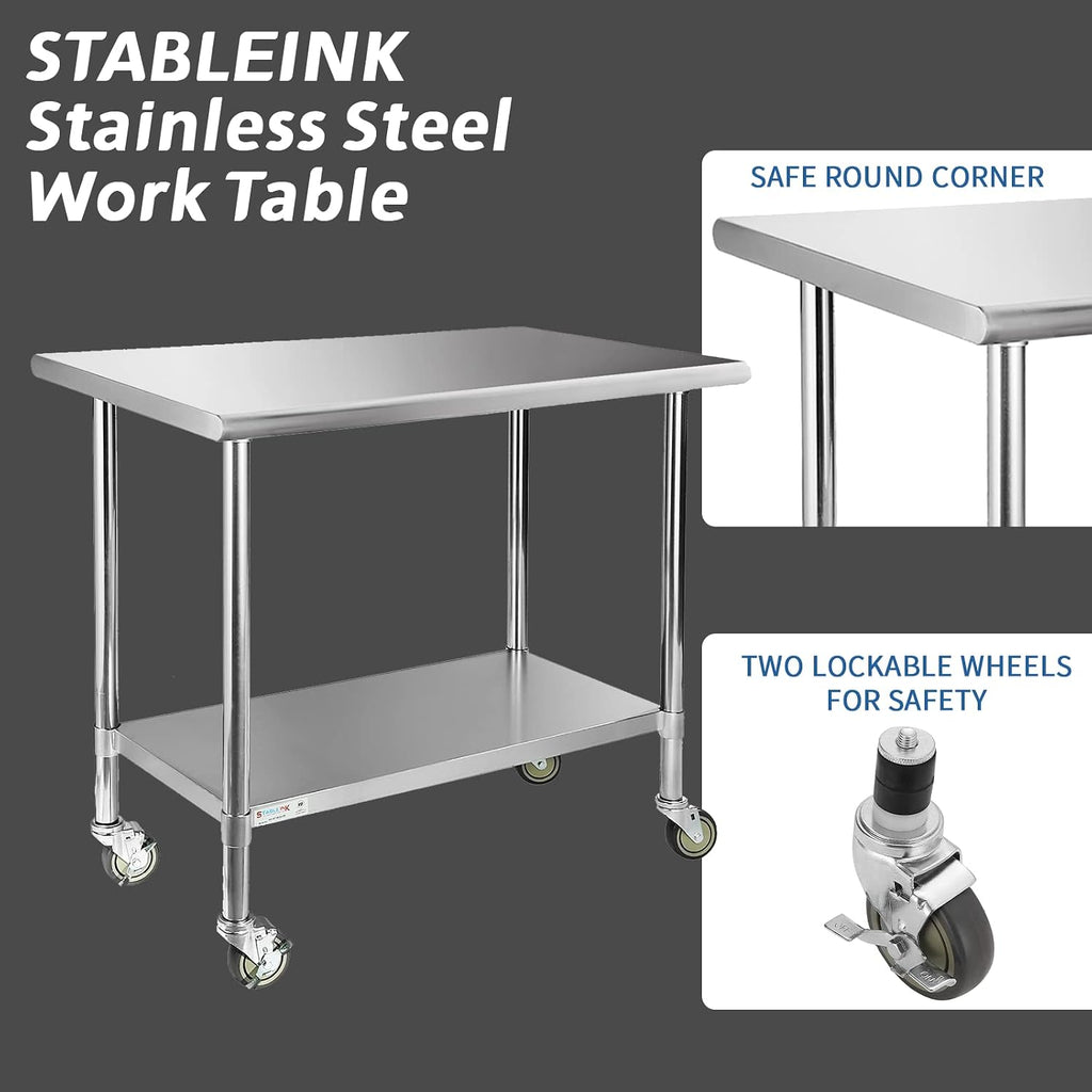 Stainless Steel Table with Wheels 36x24 Inches 3ft for Prep