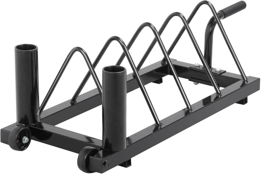 Horizontal Bumper Weight Plate Rack, 2 Barbell Holders and Wheels | Heavy-duty iron frame stores up to 300 lbs of