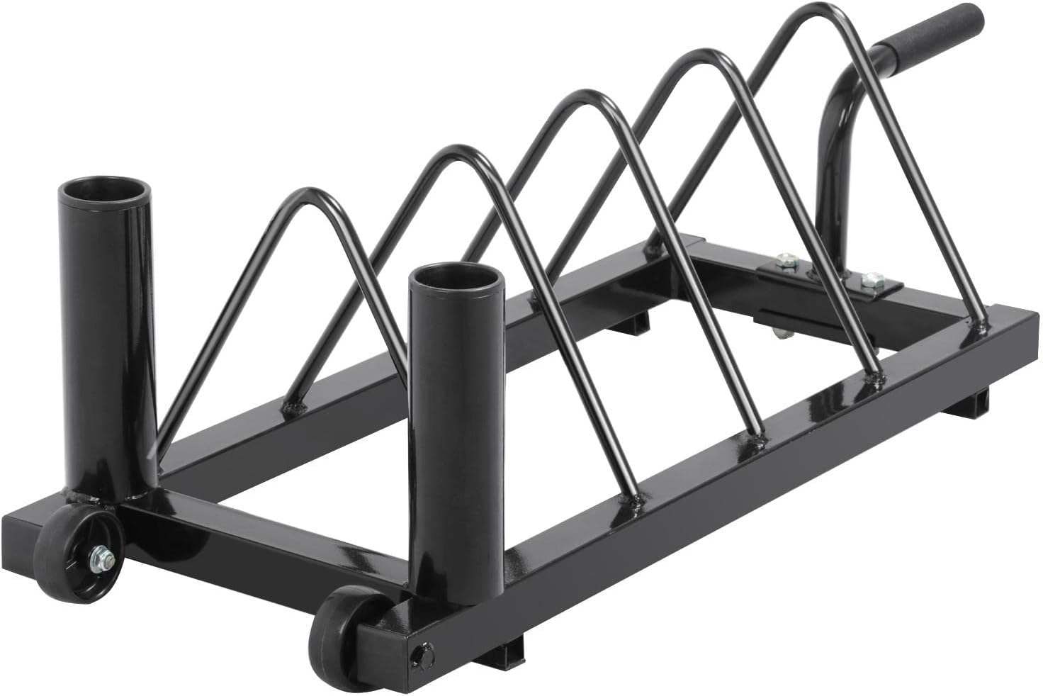 Horizontal Bumper Weight Plate Rack, 2 Barbell Holders and Wheels | Heavy-duty iron frame stores up to 300 lbs of