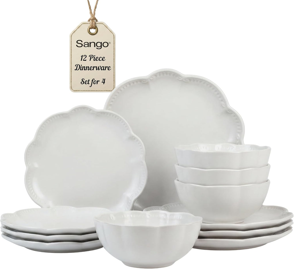 Bethany 12 Pieces Scalloped White Plates & Bowls Set