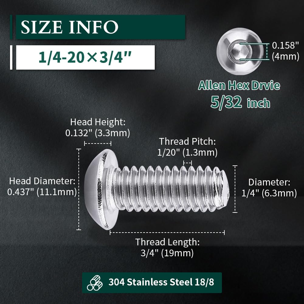 1/4-20 x 3/4" Button Head Socket Cap Bolts Screws, 304 Stainless Steel 18-8, Allen Hex Drive, Bright Finish, Fully Machine Thread, Pack of 25