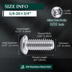 1/4-20 x 3/4" Button Head Socket Cap Bolts Screws, 304 Stainless Steel 18-8, Allen Hex Drive, Bright Finish, Fully Machine Thread, Pack of 25