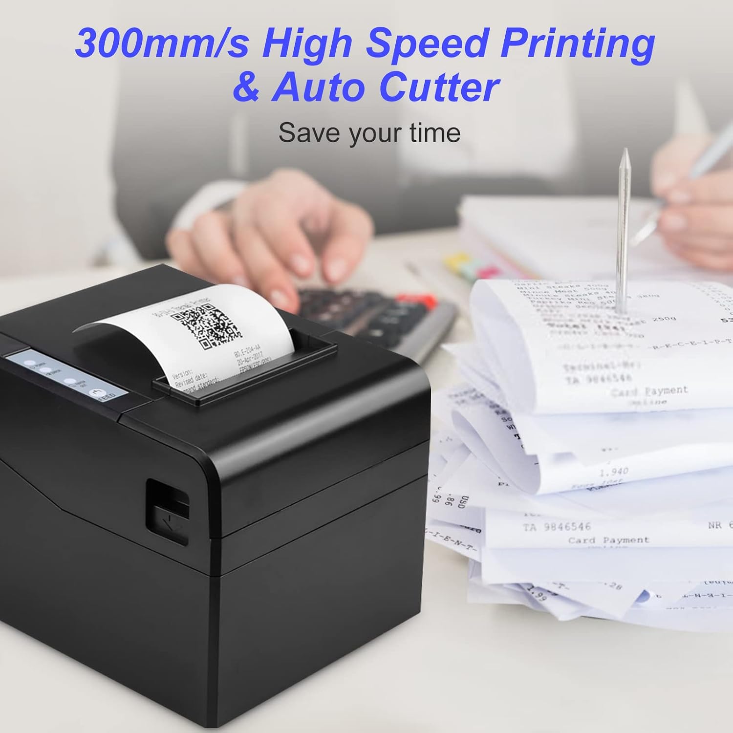 Thermal Receipt Printer 80mm Desktop Direct Thermal Printing USB Connection 300mm/s High Speed with Auto Cutter