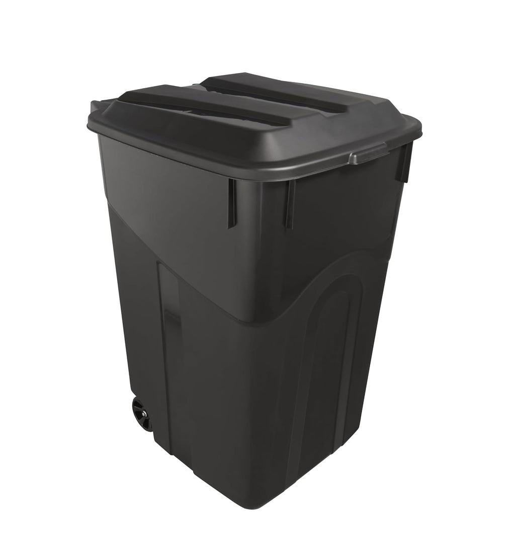 45 Gallon Wheeled Heavy Duty Trash Can with Attached Lid, Outdoor & Indoor Garbage Bin, Click-Lock Secure Lid &
