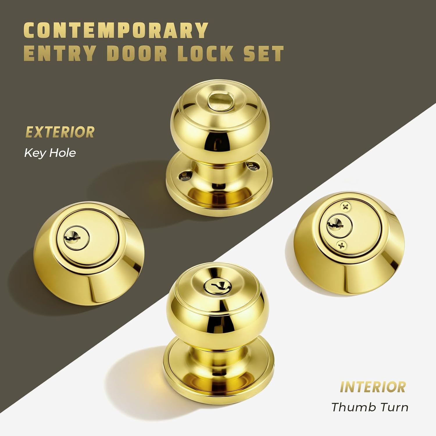 2 Pack Keyed Alike Door Knob and Double Cylinder Deadbolt Set, Exterior Door Lock Set, Polished Brass