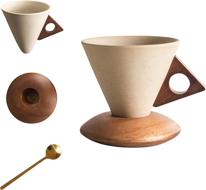 250ML- Retro ceramic coffee mug, Creative Cone coffee cup set for women elegant small- Solid wood handle and coaster