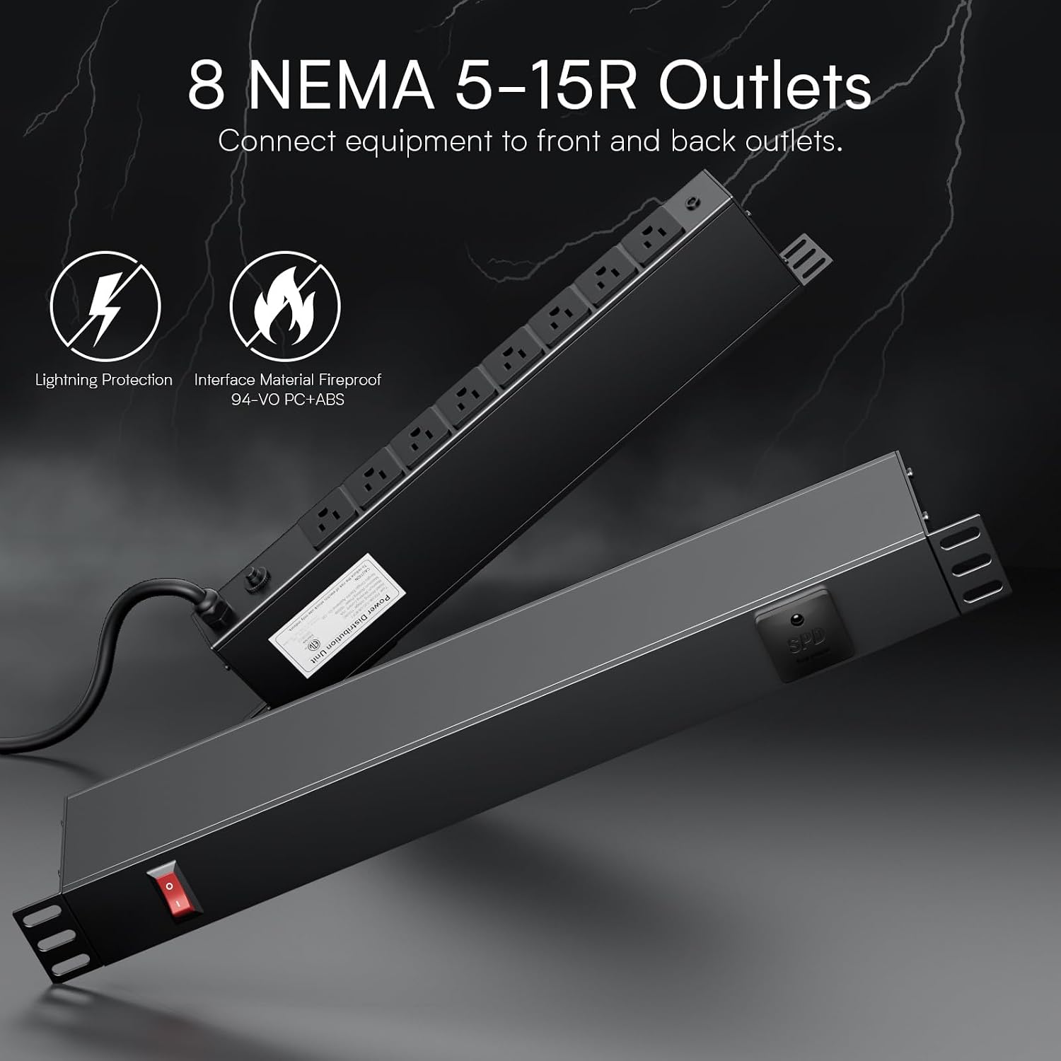 8 Outlet Horizontal 1U Rack Mount PDU Power Strip with Surge Protector - 110V/15A - 6ft Power Cord for Network Server