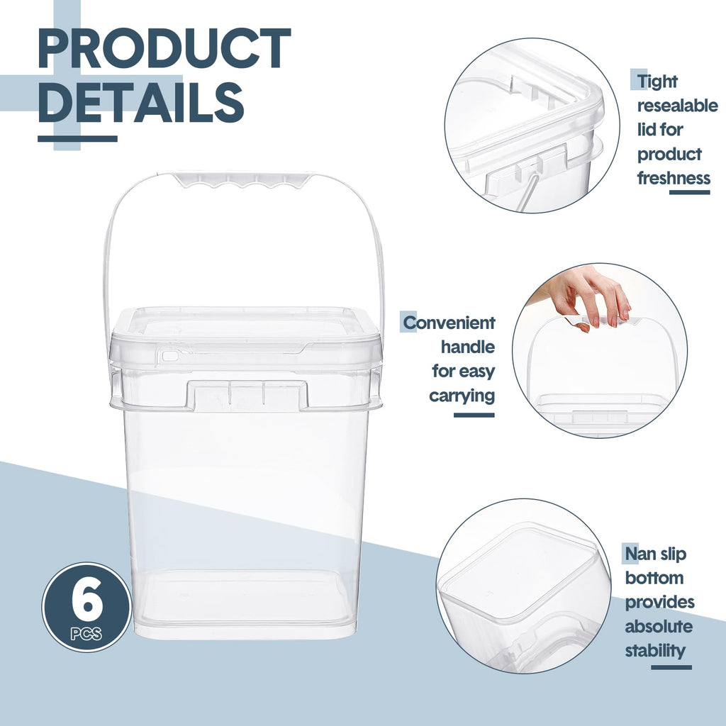 6 Pcs Clear Square Buckets with Lid Handle Food Grade, 1.5 Gallon