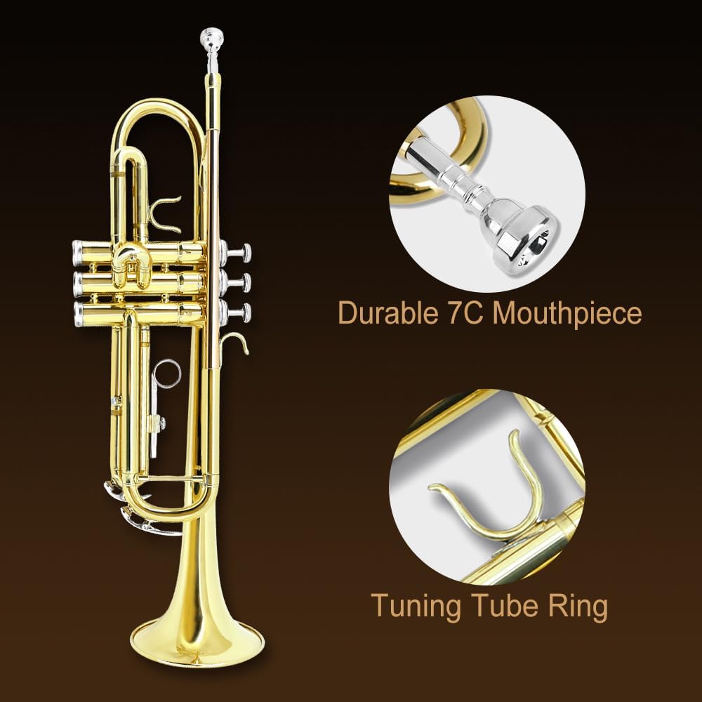Bb Trumpet for Beginners – Standard B Flat Brass Instrument with 7C Mouthpiece, Hard Case & Cleaning Kit, Student