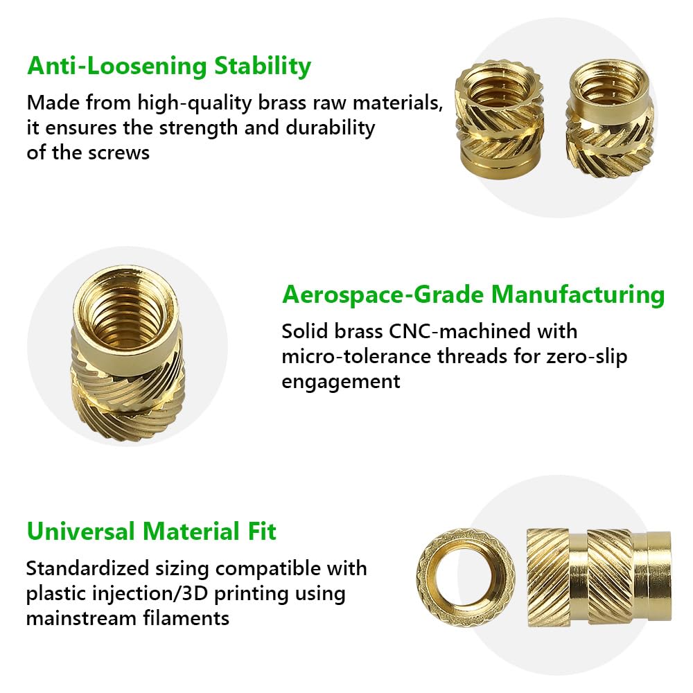 #10-24 Brass Threaded Inserts (50-Pack), Heat Set Knurled Nuts for 3D Printing & Plastics, 7/16" Height, Female Threaded Brass Inserts