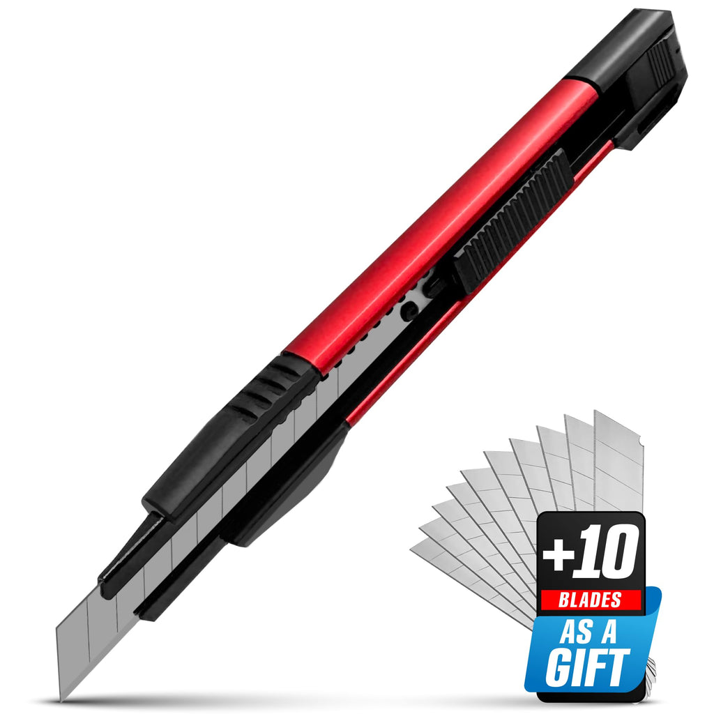 Small Retractable Utility Knife, 9mm Snap-Off Cutter with SK5 Blades – Heavy Duty Razor Knife for Carpet, Drywall