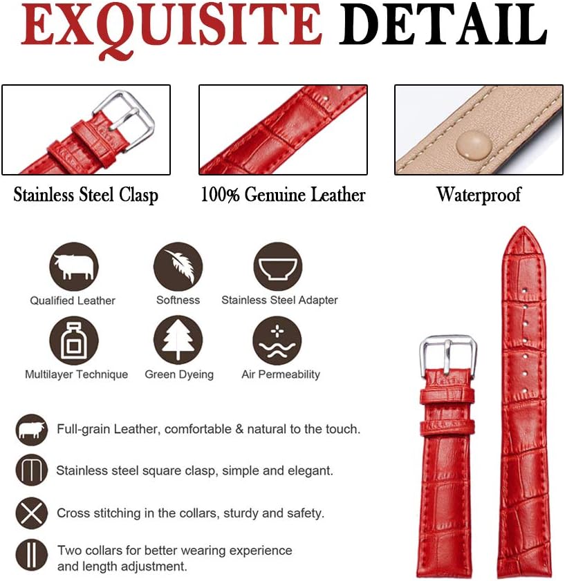 Alligator Style Genuine Leather Watch Bands Genuine Calf Leather Replacement Watch Strap with Stainless Metal Buckle