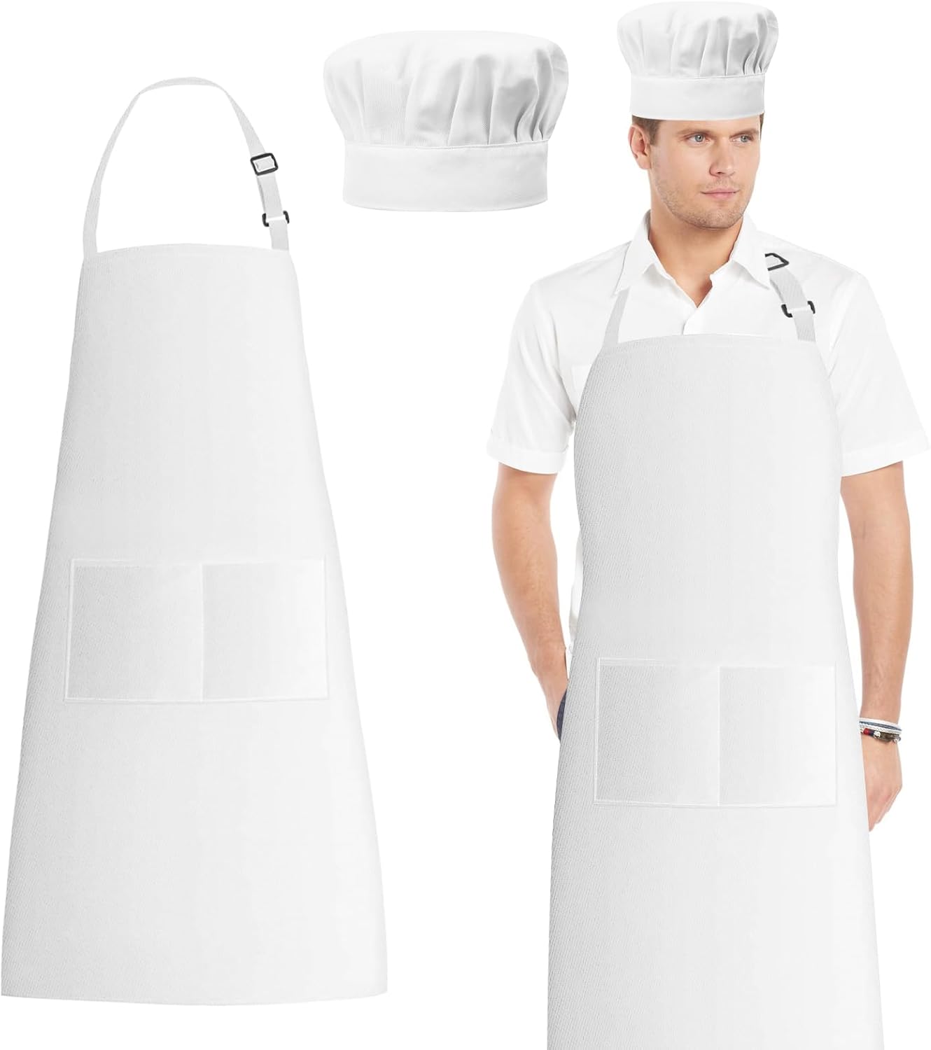 Chef Apron and Hat Set, Chef Hat and Kitchen Apron with Front Pockets for Adult