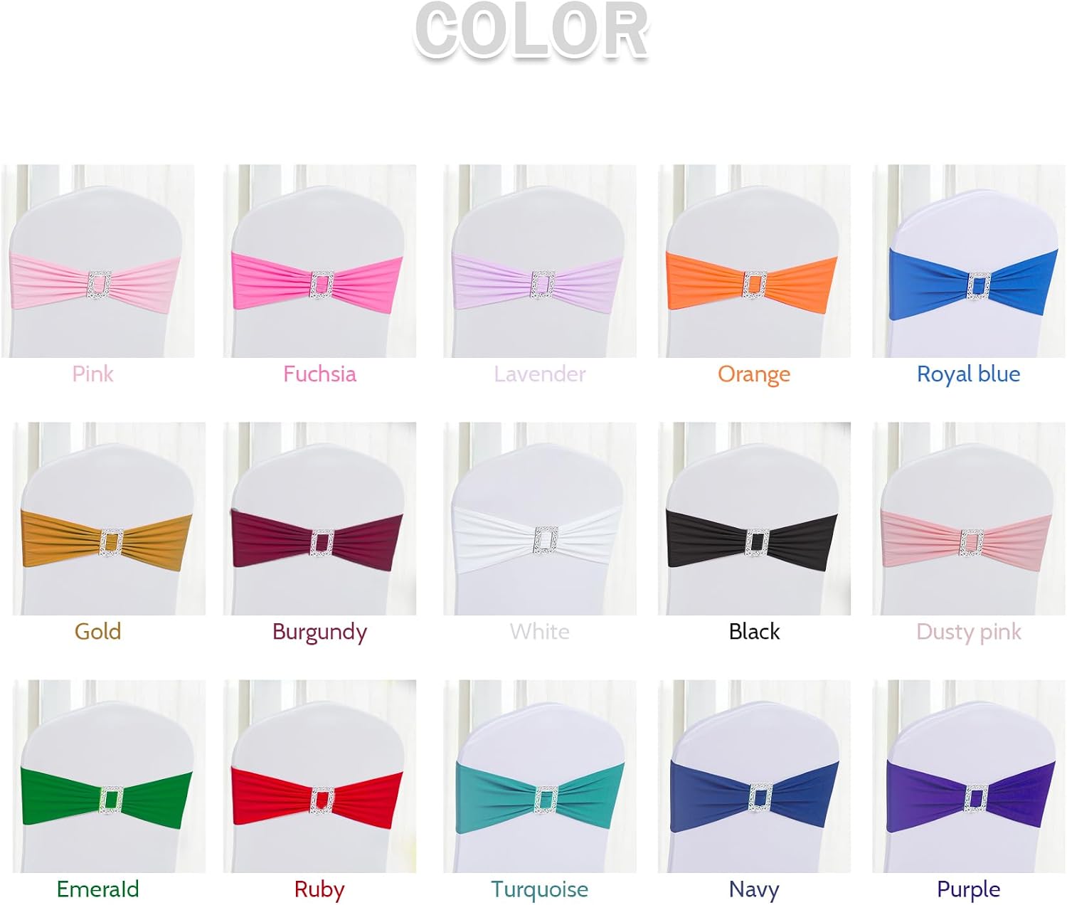 120 PCS Spandex Chair Sashes Bows Stretch Chair Cover Band with Buckle Slider Universal Elastic Chair Ties for