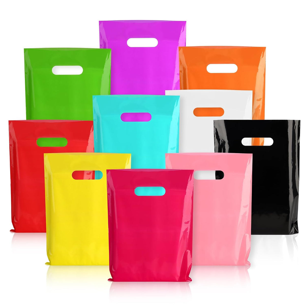 9x12 Assorted Colors Plastic Gift Bags with Handles 100 Pack
