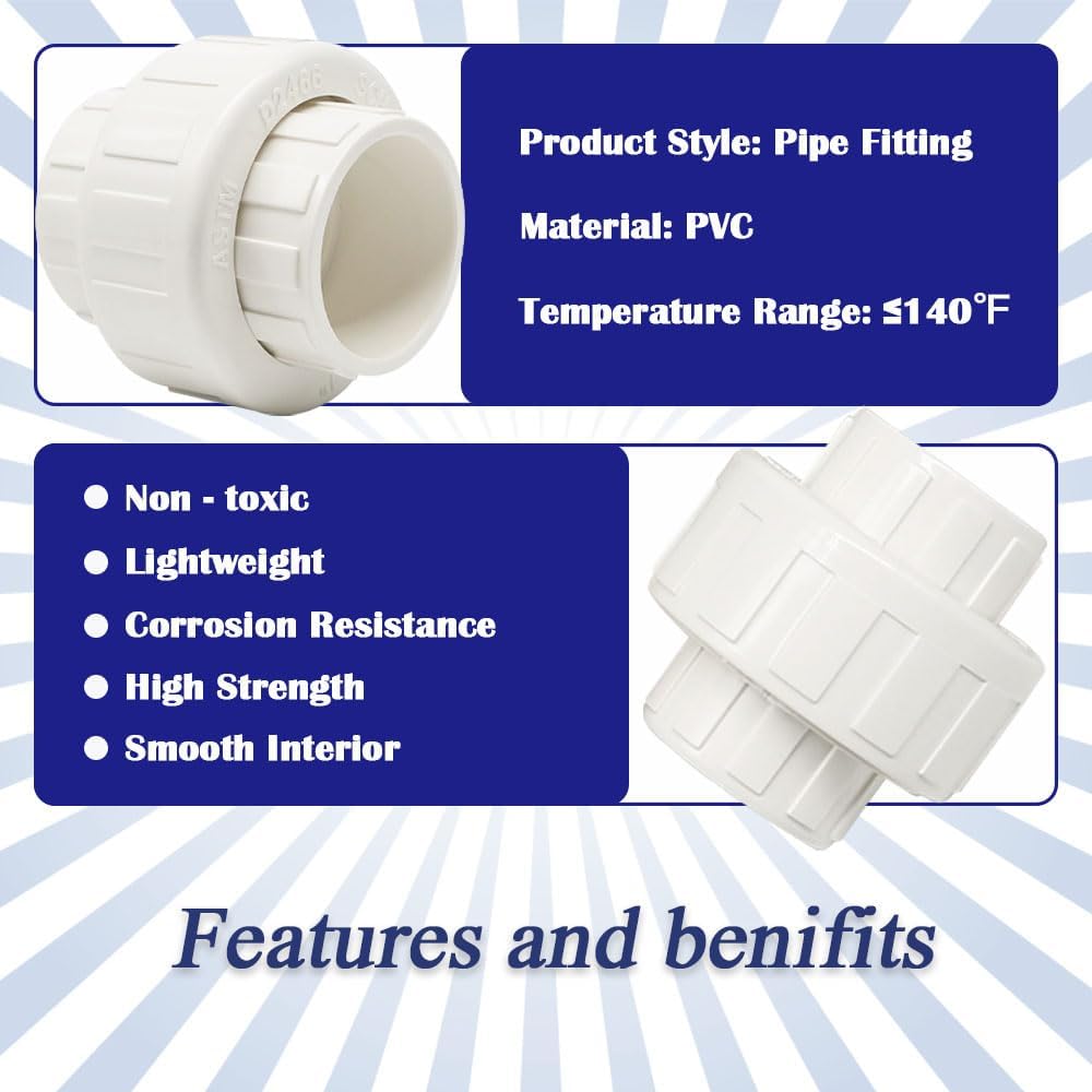 1PC 2 Inch White PVC Union Coupling Pipe Fitting with EPDM O-Ring Socket to Socket 2" PVC Pipe Adapter Coupling SCH40 HE065-2