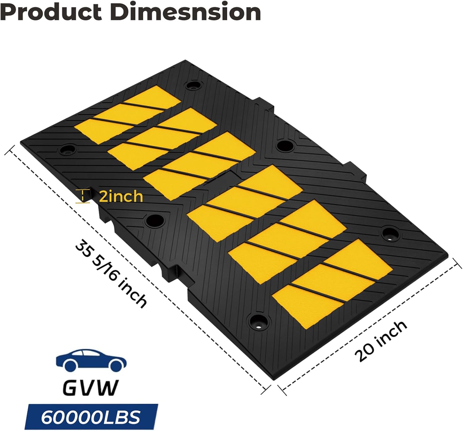 35" Heavy Duty Rubber Speed Bump, 2" High Traffic Speed Hump | Reflective Traffic Speed Hump with Mounting Bolts for